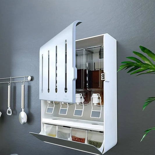 Wall Mounted Spice Rack Organizer, Kitchen Spice Storage Dispenser with 4 Liquid Bottles and 4 Spice Holder, Perfect for Spice, Oil, Vinegar and other Liquid