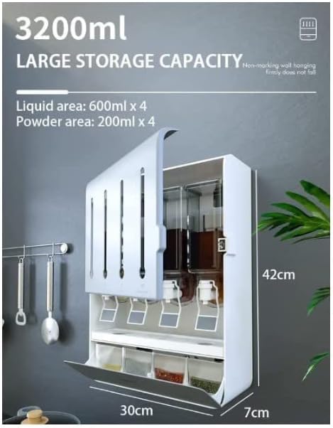 Wall Mounted Spice Rack Organizer, Kitchen Spice Storage Dispenser with 4 Liquid Bottles and 4 Spice Holder, Perfect for Spice, Oil, Vinegar and other Liquid