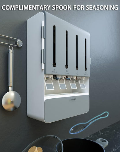 Wall Mounted Spice Rack Organizer, Kitchen Spice Storage Dispenser with 4 Liquid Bottles and 4 Spice Holder, Perfect for Spice, Oil, Vinegar and other Liquid