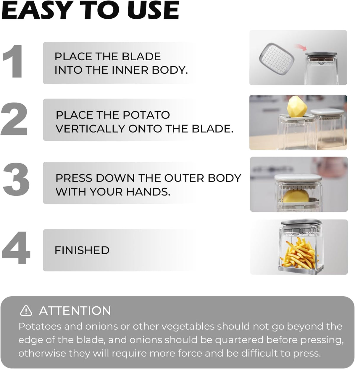 French Fry Cutter with 4 Blades Stainless Steel Manual Potato Chopper Gray | Multi‑function Vegetable Cutter Apple & Onion Dicer Sharp Steel Blades