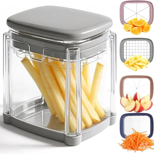 French Fry Cutter with 4 Blades Stainless Steel Manual Potato Chopper Gray | Multi‑function Vegetable Cutter Apple & Onion Dicer Sharp Steel Blades