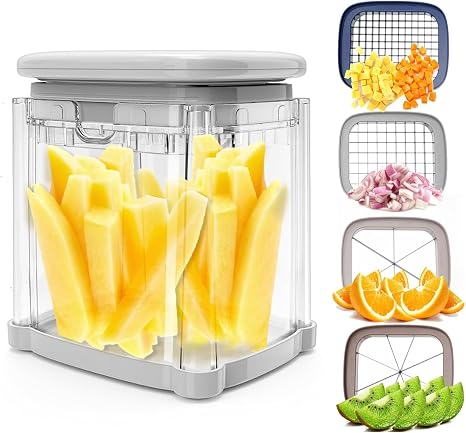 French Fry Cutter with 4 Blades Stainless Steel Manual Potato Chopper Gray | Multi‑function Vegetable Cutter Apple & Onion Dicer Sharp Steel Blades