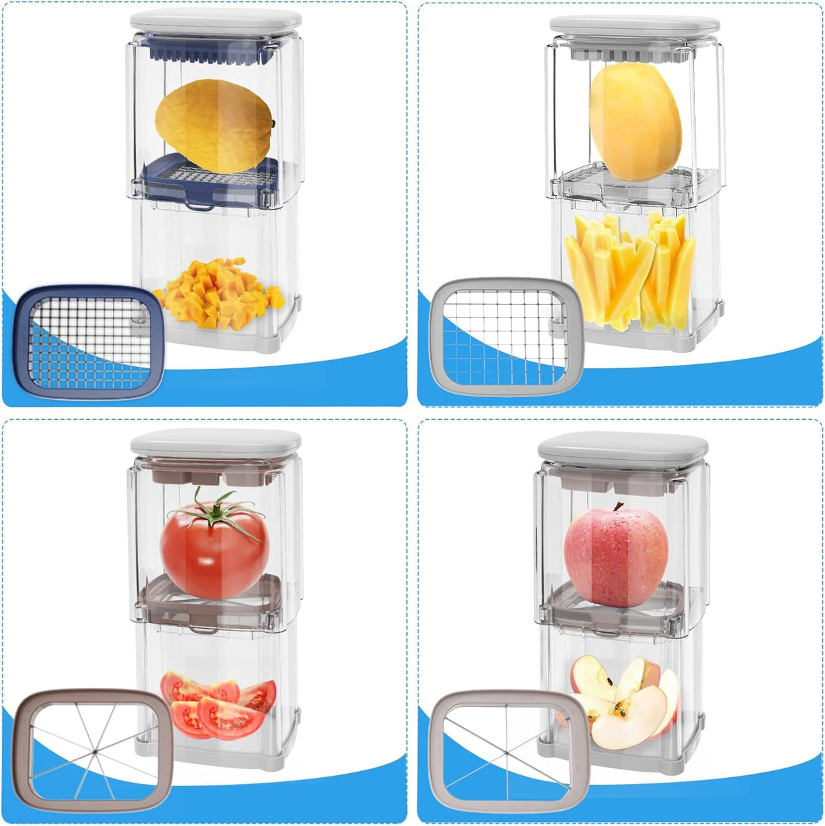 French Fry Cutter with 4 Blades Stainless Steel Manual Potato Chopper Gray | Multi‑function Vegetable Cutter Apple & Onion Dicer Sharp Steel Blades