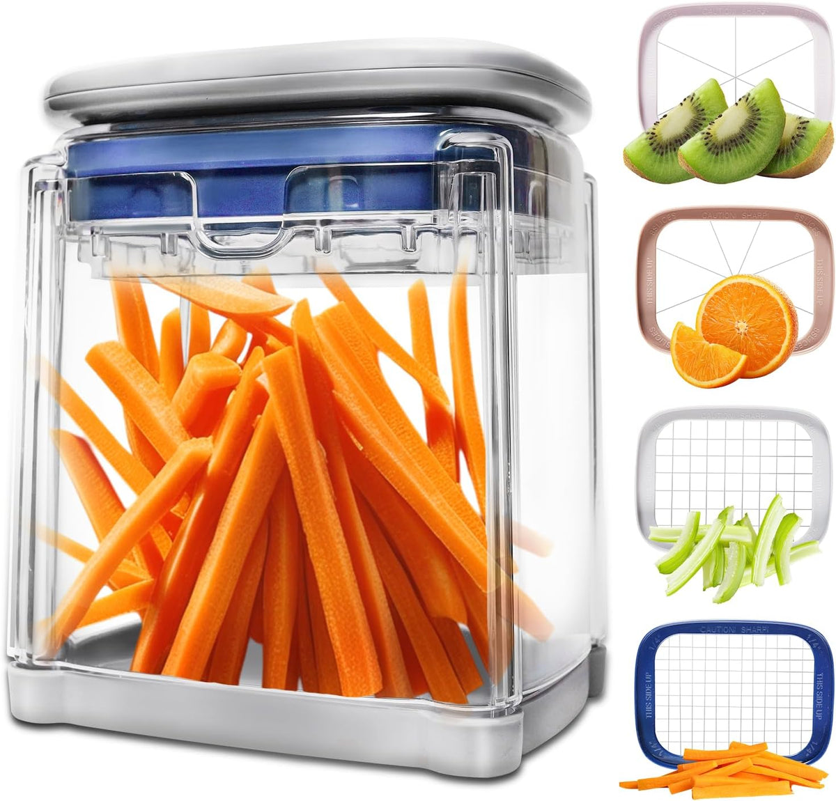 French Fry Cutter with 4 Blades Stainless Steel Manual Potato Chopper Gray | Multi‑function Vegetable Cutter Apple & Onion Dicer Sharp Steel Blades